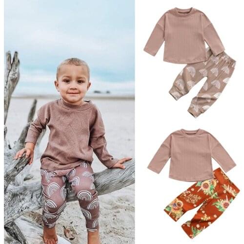 2-6Y Toddler Infant Kids Autumn Outfts 2pcs Boys Girls Long Sleeves Knitted T-Shirts+ Floral/Rainbow Print Pants Tracksuits