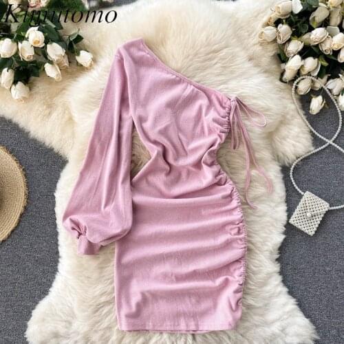 Kimutomo Casual Diagonal Collar Women Dress Women Korea Ins Style Autumn Off Shoulder Puff Sleeve Slim Drawstring Dresses