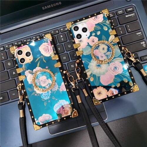Luxury Bling Floral Glitter Peony Flower Vintage Square Cover Rope Lanyard Case for Motorola Moto G Play 2021 G Stylus G Power