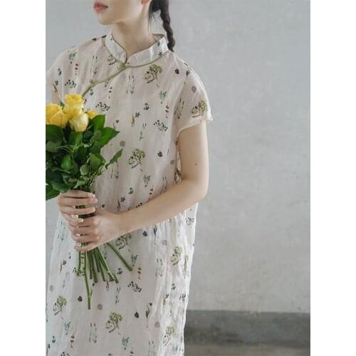SCUWLINEN 2021 Summer Retro Print Robe Artsy Stand-collar Sleeveless Slim Long Ramie Dress Elegant Improved Cheongsam P373