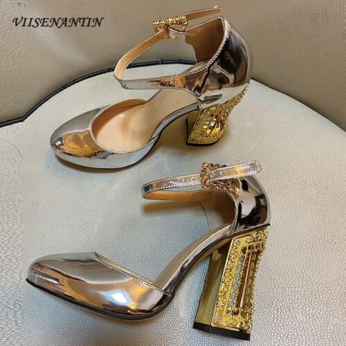 Round Toe Hollow with Shallow Mouth Rhinestone Buckle New High-heeled Shoes with Metal Decoration Mary Jane Wedding Shoes