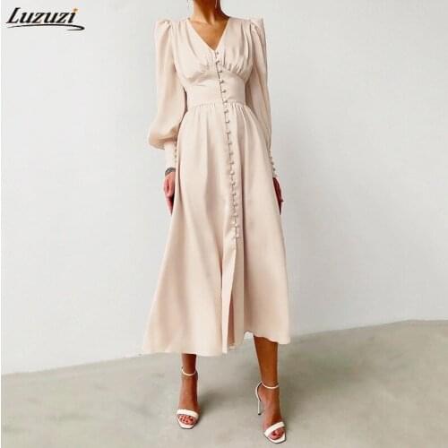 Luzuzi Puff Sleeve Spring Satin Long Dress Women V-Neck Party Pleated Dresses Champagne Elegant Bodycon Dress Ladies Ruched