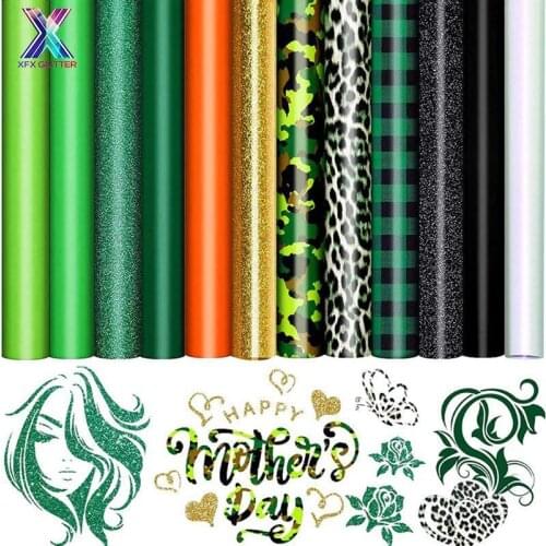 XINFANGXIU 12 Sheets 12x10in Mothers Day Vinyl Adhesive Cricut Green Glitter Heat Press Vinyl HTV Heat Transfer Vinyl for TShirt
