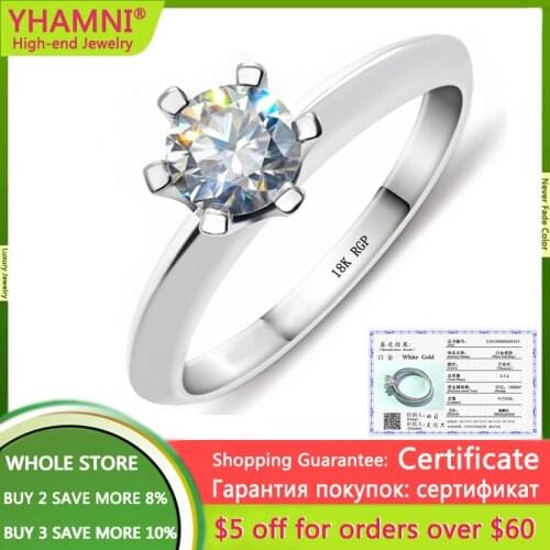 YHAMNI With Certificate Luxury Solitaire 2.0ct Zirconia Diamond Wedding Bands Women Pure 18K White Gold Silver 925 Rings R018