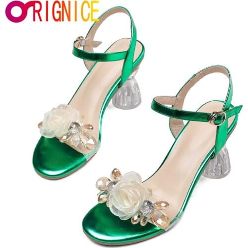 Orignice Sweet Transparent Strange High Heel Sandals Women Genuine Leather PVC Ankle Buckle Strap Crystal Flower Summer Shoes