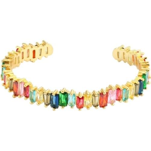 Luxury Womens Bangles Bracelets Copper Zirconia 18K Gold Plated Adjustable Open Bracelet Multicolored Crystal Rainbow Bangle