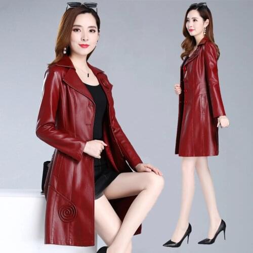 Autumn Spring Women Female Slim Appliques Flower Purple Pu Leather Long Trench Coat , 2019 Fall Woman 5xl 6xl Clothes Coats