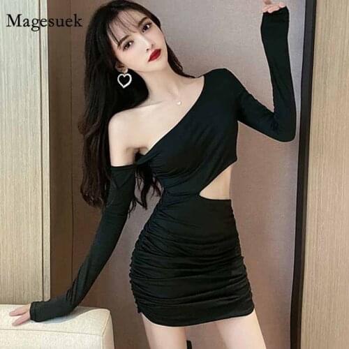 Sexy Waist Hollow Bodycon Dress Women Off Shoulder Bag Hip Dress Pleated Slash Neck High Waist Black Dress Lady Sukienki 12174