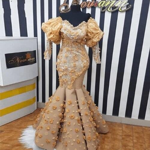 2021 New Elegant Gold Evening Dresses Floral Custom Plus Size Formal Party Dress Beaded Pleats Prom Dress vestidos longo