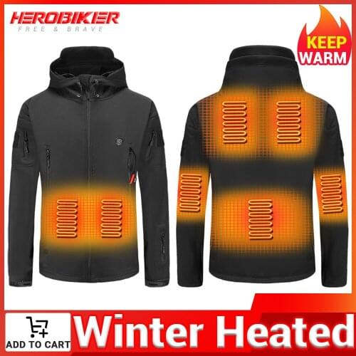 HEROBIKER Winter Heating Jacket Skiing Hooded Jacket Motorcycle Windproof Hiking Keep Warm Bottom Fishing Heated Clothes Black