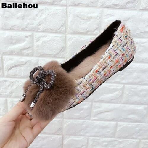 Bailehou Plush Women Winter Shoes Warm Fur Fluffy Hair Ladies Flats Slip On Loafers Bow-Knot Flat Ballet Shoe Year-end Promotion
