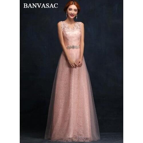BANVASAC Elegant Sequined V Neck Lace Appliques A Line Long Evening Dresses Party Crystal Sash Backless Prom Gowns