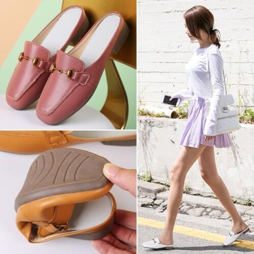 Womens Sandals 2021 Fashion Leather Flat Black Pink Off White Female Boots Slippers Low Heels Spring Summer Ladies Shoes Mules