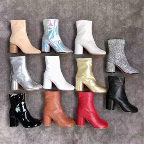 Real Leather Split Toe Boots Round Toe High Heel Ankle Boots Knight Boots Designer Shoes Winter Womens Hooked Ankle Boots