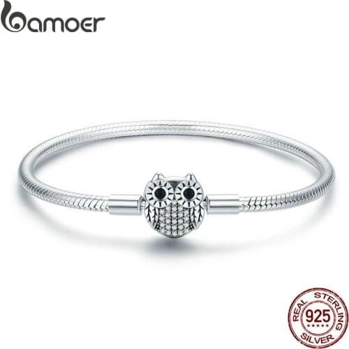 BAMOER Authentic 100% 925 Sterling Silver Cute Animal Owl Clasp Women Snake Chain Bracelet Sterling Silver Jewelry S925 SCB067
