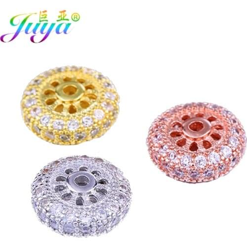 Juya DIY Charm Beads Supplies Micro Pave Zircon 11mm Metal Spacer Beads For Handmade Natural Stone Beadwork Beads Jewelry Making