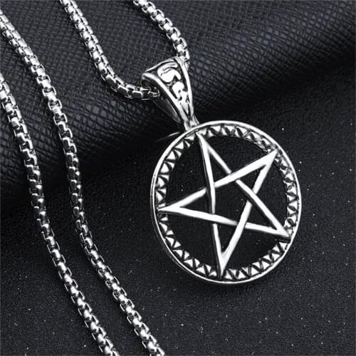 New Fashion Trendy Style Round Pentagram Hollow Moon Punk Pendant Necklace Stainless Steel Chain For Men Male Jewelry