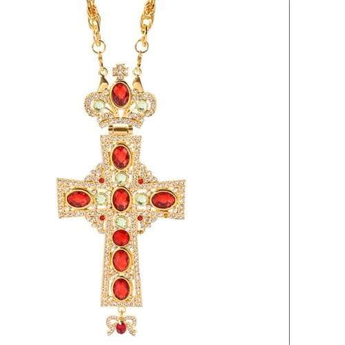 High Quality Church Orthodox Jewelry Cross Necklace Gold Color Long Chain Necklaces Religious Alloy Crafts Bow Christian Gift