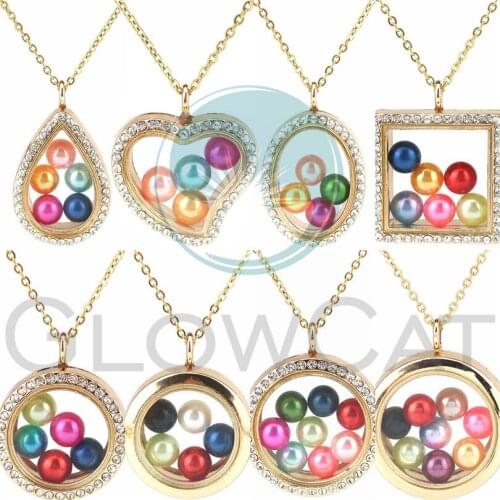 Crystal Pendant Necklace Gold Color Glass Locket 50cm Steel Chain Necklace Pearl Cage Pendant Mixed 8styles