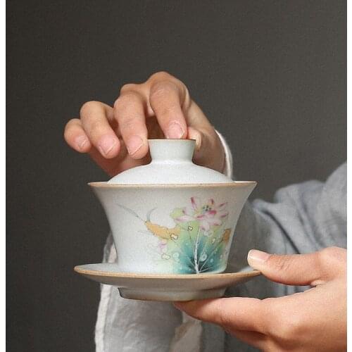 PINNY 140ML Antique Your Kiln Ceramic Kung Fu Gaiwan Traditional Chinese Pigmented Tea Bowl Floral Patterns Tea Tureen