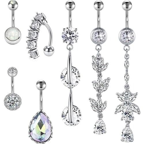 5-7 PCS Belly Button Rings 14G Stainless Steel CZ Dangle Navel Rings Reverse Belly Rings Body Piercing for Girl Women