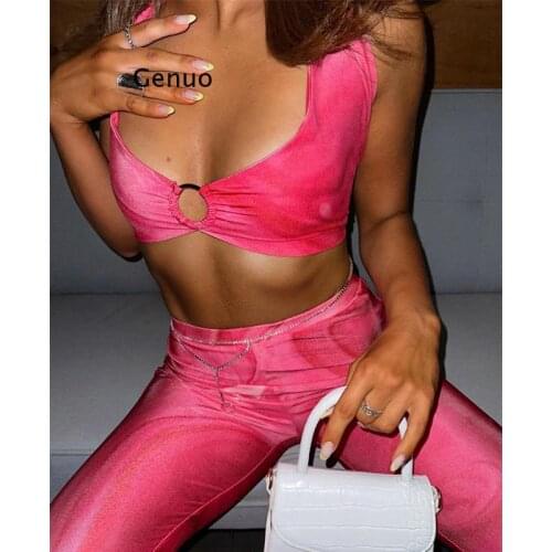 Pink Tie Dye Wave Print 2 Piece Sets Bandage Halter Top And Pants Backless Co-ord Outfits Skinny Sportswear Baddie Set