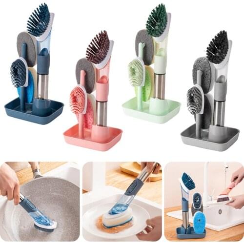 Kitchen Cleaning Brush Dish Washing Scrubber with 4 Heads Soap Dispenser Refillable Washing Sponge Kitchen Brush with Stand