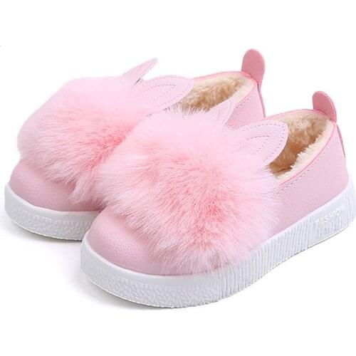 LCIZRONG Winter Warm Girl Shoes Cute Add Plush Rabbit Ear Kids Casual Flat Shoes Warm White Pink Flats Chidren