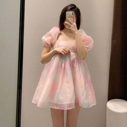 Summer Japanese Rainbow Fairy Dress Women Cute Kawaii Square Collar Puff Sleeve Sweet Dress Elegant High Waist Lolita Dress Girl
