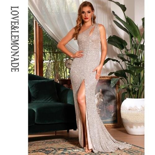 LOVE&LEMONADE Sexy Silver One-Shoulder Cut-Out Bodycon Split Sleeveless Sequin Maxi Dress LM81921-3