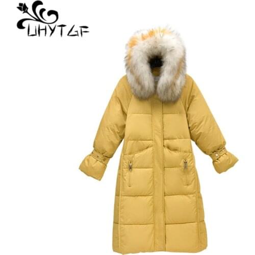 UHYTGF Fashion Warm Winter Jacket Down cotton clothing Women Fur Collar Long parka Women Casual Plus Size Thick Cotton coat X356