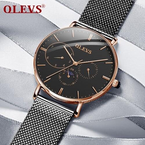 OLEVS mens watches Quarzt prendas simple watch Moon phase leather waterproof watch Stainless steel woven mesh belt rose gold