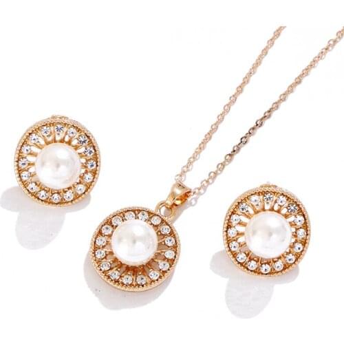 KOMI Polynesian Hawaiian Pohnpei Chuuk Marshall Style Imitation White Pearls Crystals Necklace Pendant Stud Earrings Jewelry Set