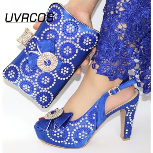 New Coming Blue Color African Shoes and Bags To Match Shoes with Bag Set Decorated with Rhinestone Matching Italian Shoe and Bag