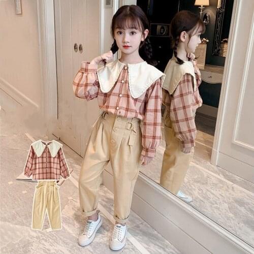 New Girls' Casual Suit 2021 Spring And Autumn Lapel Lace Check Button Top + Trousers 2-piece Fashionable Girl Suit 6-14 Year Old