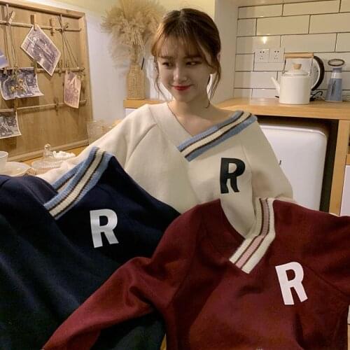 M-4XL Women Loose Tops Slouchy Style WinterWarm Sweatshirts V-Neck Long Sleeve Pullover Girls Patchwork Clothes Blouse Oversized