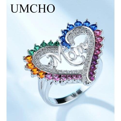 UMCHO Real 925 Sterling Silver Rings Luxury Charm Colorful Jewelry Mom Letter Rings For Women Mothers Day Gift Fine Jewelry