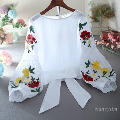 Vintage Long Lantern Sleeve Shirt Woman High Waist Loose Bow Back Cropped Cotton Blusas Girl Lady All-Match Tops Nancylim