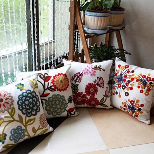 High Quality 100% Cotton Embroidery Flower Pattern Sofa Cushion Cover Home Decoration Housewarming Gift Car Throw Pillow Cover