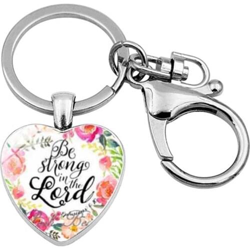 WG1pc Bible Verse Cabochon Glass Keychain Heart Pendant Metal Time Gem&stone Keyring Lobster Clasp For Trinket Men Car Key Chain