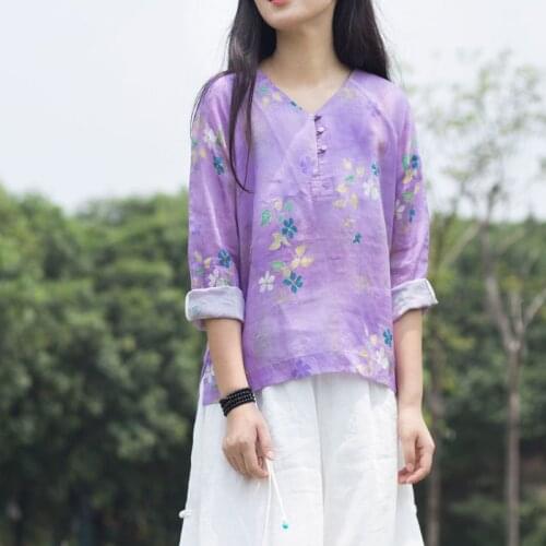 Women Summer V Neck Ramie Blouse Loose Print Ramie Shirt Female 2021 Loose Tops 2021