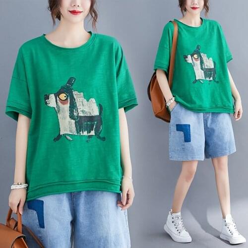 Summer T-Shirts Women 2021 Fashion Oversize Popular Loose Printing Cartoon Anime Funny O-Neck Short Sleeve Cuffs Green Top Tees
