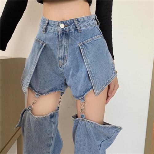 Design Sense Detachable Jeans Womens Large Size High-waisted Loose-fitting Straight and Thin Hollow Long Pants Womens Clothing