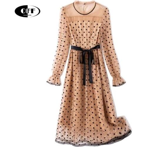 Plus size Ladies Summer Mesh Midi Dress Ruffles Long Sleeve Lace Up Bow Polka Dot Sexy Elegant Party Dresses Women Clothes femme