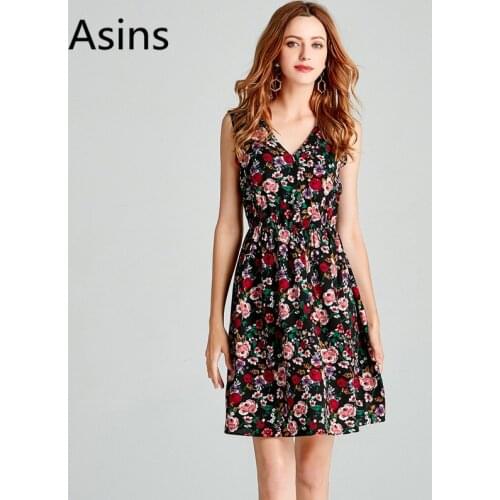 Asins dress women 2019 summer new hot casual fashion v neck high waist printing sleeveless temperament sashes sexy wild dresses
