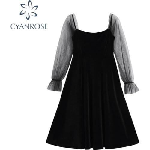 Women Elegant Dress Square Neck Tulle Long Sleeve High Waist A-line Pleat Sexy Party 2021 Autumn New E-girl Streetwear Vestidos