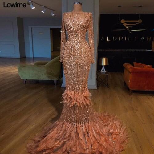 Free Shipping Muslim Long Celebrity Dresses With Pearls Feathers Sexy Mermaid Illusion Evening Prom Dresses vestido de festa