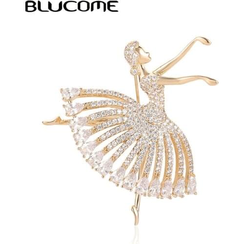 Blucome Wedding Cubic Zircon Dance Girl Shape Brooches For Women Girls Bridal Bouquet Accessories Lapel Hijab Pin Figure Brooch