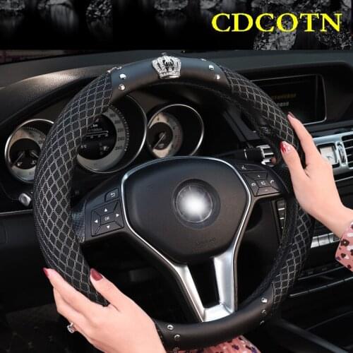Crystal Diamond Rhinestone Crown Car Steering Wheel Covers Ice Silk Leather Car Handle Cover Universal Auto Interior Accessories