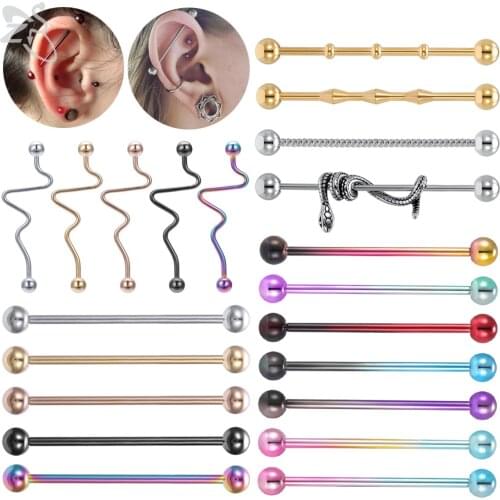 ZS 1 PC Colorful Stainless Steel Long Industrial Barbell Ring For Women Men 14g Snake Ear Tragus Helix Ear Piercing Body Jewelry